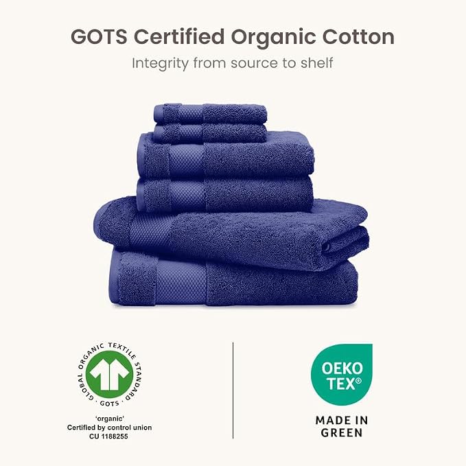 100% Organic Cotton Bath Towel Set | 700 GSM Plush 6-Piece Premium Towel Set GOTS Certified, 2 Bath Towels, 2 Hand Towels & 2 Washcloths - Navy Blue