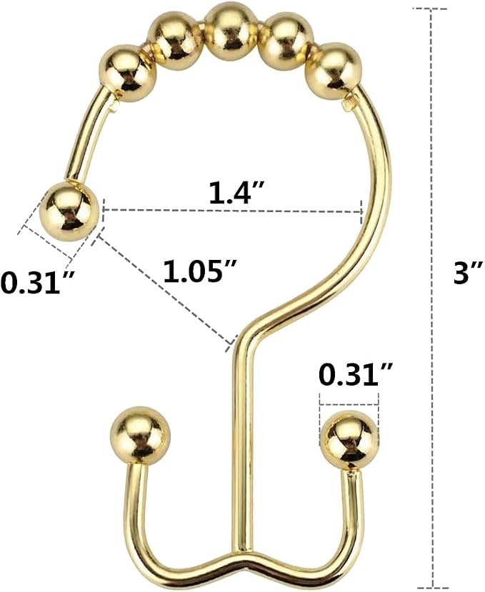 DAWNER Shower Curtain Hooks Rings, Rust Proof Hooks, Metal Easy Glide Double Shower Rings Hooks, Stainless Steel Shower Curtain Hangers for Bathroom Shower Curtains, Set of 12 Hooks, Gold Color