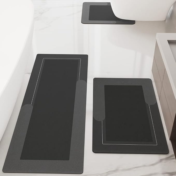 HelloTree 3PCS Bath Mat Rug Rubber Non Slip Quick Dry Rug Sets | Super Absorbent Thin Bathroom Rugs Fit Under Door Dark Grey Washable Floor Mats for in Front of Bathtub, Shower Room, Sink