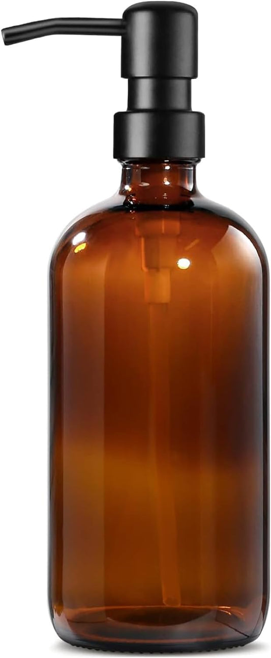 GMISUN Amber Glass Soap Dispenser, 1 Pack Dish Soap Dispensers for Kitchen with Rustproof Stainless Steel Pump, 17 Fl Oz Bathroom Hand Soap Dispenser, Brown Liquid Dishwashing Dispensers Bottle