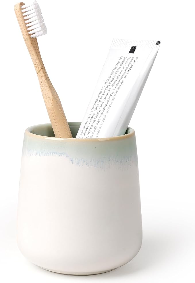 BosilunLife Bathroom Toothbrush Holder - Ceramic Toothbrush Cup Holder 13Oz White and Blue-Green Toothbrush Holder for Bathroom Toothbrush Toothpaste Holder for Bathroom Vanity Countertop Home
