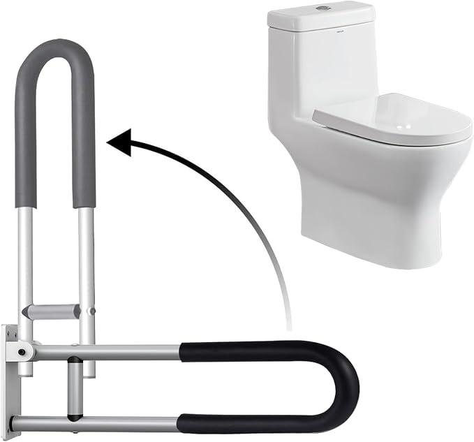 Toilet Grab Bar 28 Inch Flip Up Aluminum Handicap Rails Grab Bars Toilet Rail Bathroom U Shaped and Wall Mount Safety for Seniors Elderly Disabled Pregnant Injured Patients