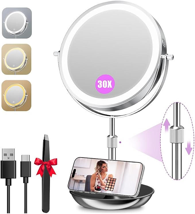 Auxmir 9" 1X/30X Lighted Makeup Mirror, Rechargeable Maginfying Mirror | 3 dimmable colors, 14.9-18.5 in adjustable height, 3000mAh, 360°rotation, stable storage base, 30X magnification, Chrome