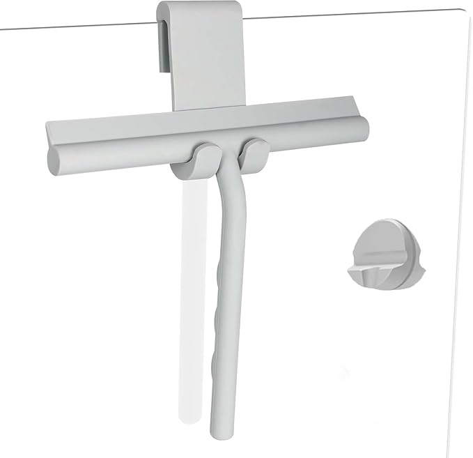 Shower Squeegee for Glass Doors, Full Silicone Jacketed Squeegee with Ergonomic Handle & No-Drill Hook, Cleaning Tool for Windows, Mirrors, Tiles, Bathroom & Car - Grey
