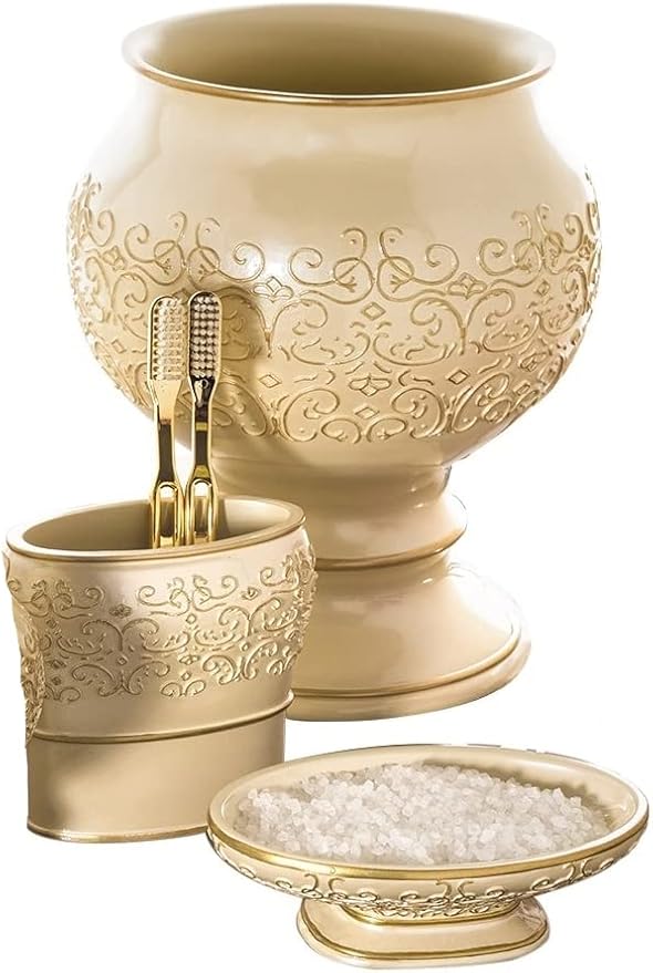 Creative Scents Shannon Bathroom Trash Can 1.05 Gal / 4L – Decorative Wastebasket - Durable Resin Waste Paper Basket - Space Friendly Bath Dust Bin, Gold and Beige Bathroom Accessories