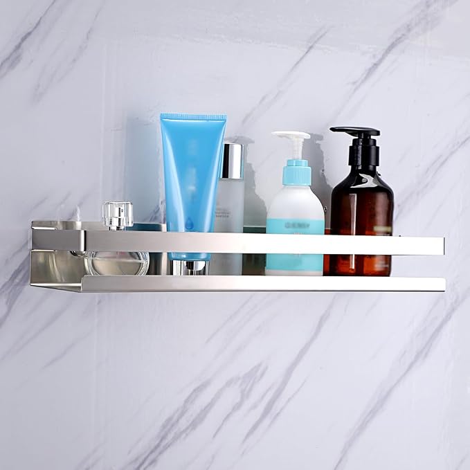 OwnMy 16 Inch Bathroom Shower Shelf Stainless Steel Wall Shower Caddy Rack | Wall Mount Shower Wall Caddy, Metal Floating Shower Shelves, Kitchen Wall Basket Shelf, Rectangular Corner Shelf, Silver