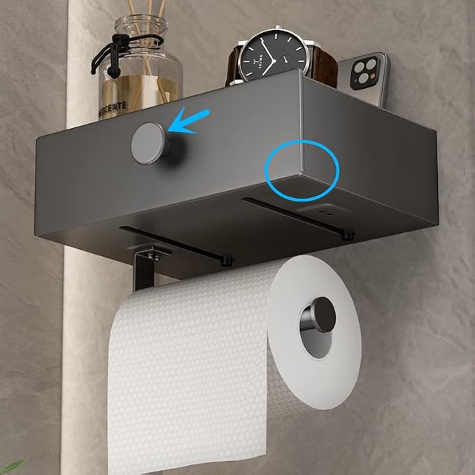 VOLDRA Toilet Paper Holder with Shelf Gray Wipes Dispenser for Bathroom Toilet Paper Holder with Storage Upgrade Drawer Design Toilet Tissue Holder Adhesive Small Bathroom Shelf Wall Mount