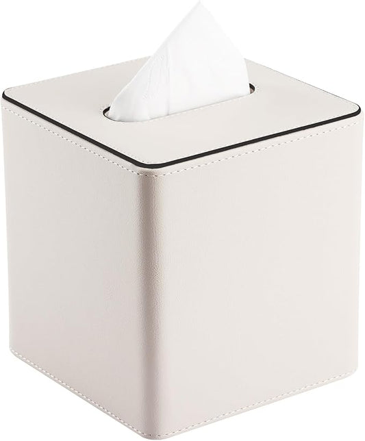 Leather Tissue Box Cover – Square Modern PU Leather Tissue Holder, Cube Tissue Dispenser for Home, Office, Bedroom, Bathroom – Elegant Minimalist Style (Ivory White-Square)
