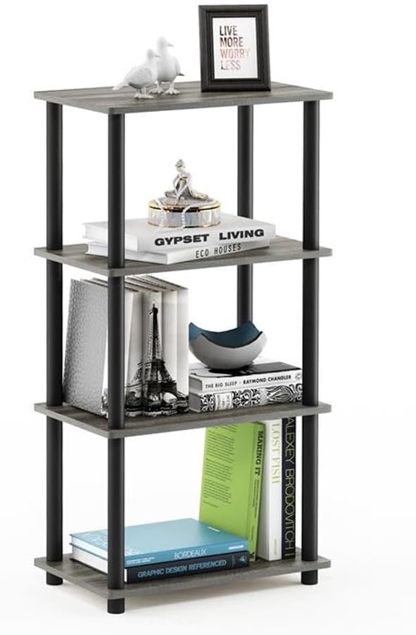 Furinno Turn-N-Tube No Tool 4-Tier Storage Shelf, Narrow, French Oak Grey/Black