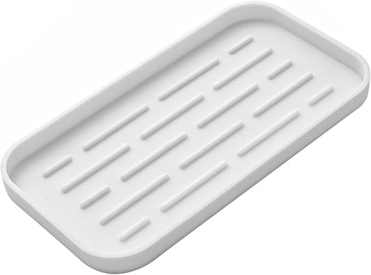 MicoYang Silicone Kitchen Sink Organizer Tray for Multiple Usage,Eco-Friendly Sponges Holder for Kitchen Bathroom Counter or Sink,Dish Soap Dispenser,Scrubber,Bottle,Cup (White, 10"×5.3")