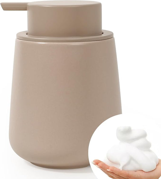 Bosilunlife 12Oz Ceramic Foam Soap Dispenser for Bathroom Kitchen Counter | Premium countertop foam pump creates delicate dense foam, stable desktop placement, Khaki