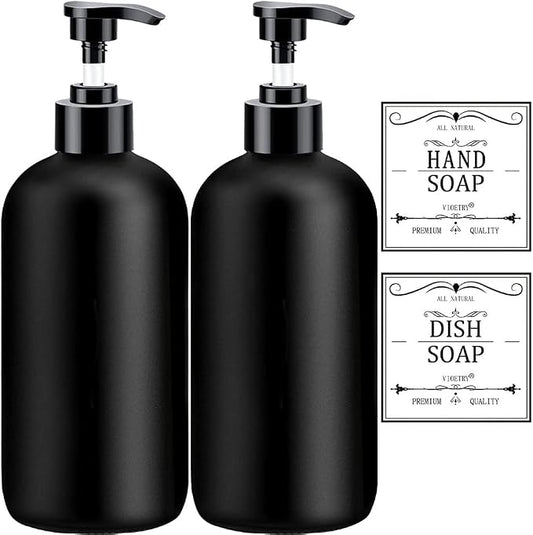 Black Soap Dispenser with Rust Proof Pump, Waterproof Labels (2 Pack,16 Oz), Plastic Hand Soap Dish Soap Dispenser for Kitchen, Premium Thick Soap Pump Bottles