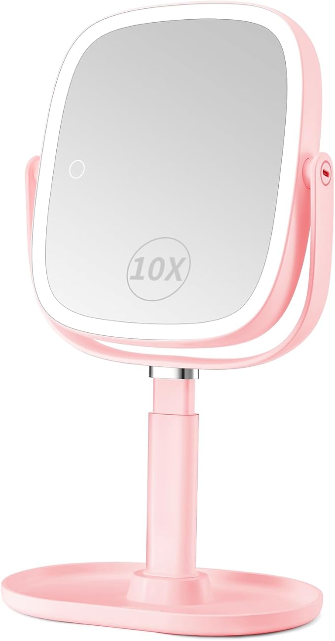 Vanmirr Height Adjustable Lighted Makeup Mirror with Magnification-Pink | 1x/10x Magnifying Mirror,8.5" Rechargeable Vanity Mirror with 3 Color Lights,360°Rotation 2-Sided Light up Desk Mirror