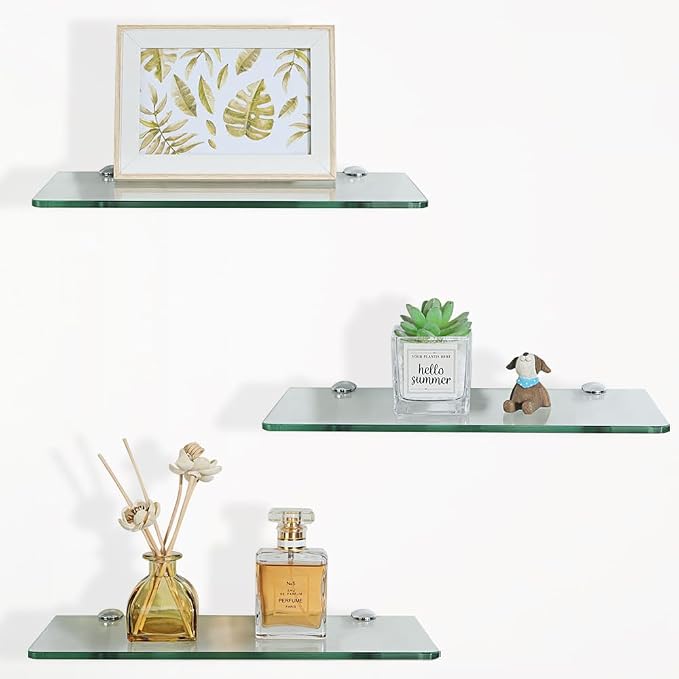 SAYAYO Glass Floating Shelves for Wall, Tempered Glass Shelves for Bathroom | Living Room, Bedroom, Office, Toilet, Kitchen Decor, 12 Inch Set of 3, Clear