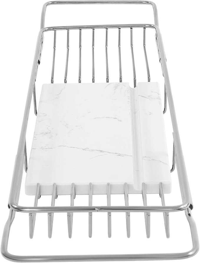 Stainless Steel Bathtub Tray, Expandable Marble Bath Tray for Tub, 44.09 lbs Capacity Bath Caddy for Bathtub Bathroom Accessories for Home Spa (Silver+White)