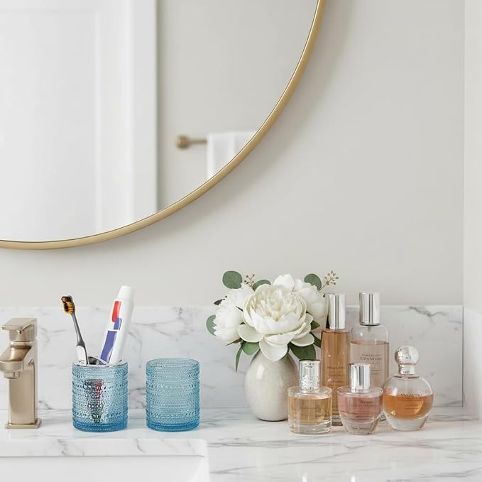 Blue Toothbrush Holders for Bathrooms, Glass Toothbrush Holder with 2 Slot Divider, 10oz Bathroom Tumbler and Mouthwash Cup, Tooth Brush Holder for Brushes, Toothpaste