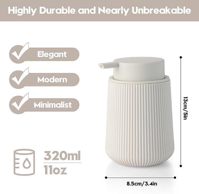 YAUKPH Striped Liquid Hand Soap Dispenser Beige | with Leak-Proof Pump for Bathroom and Kitchen Countertop 11oz