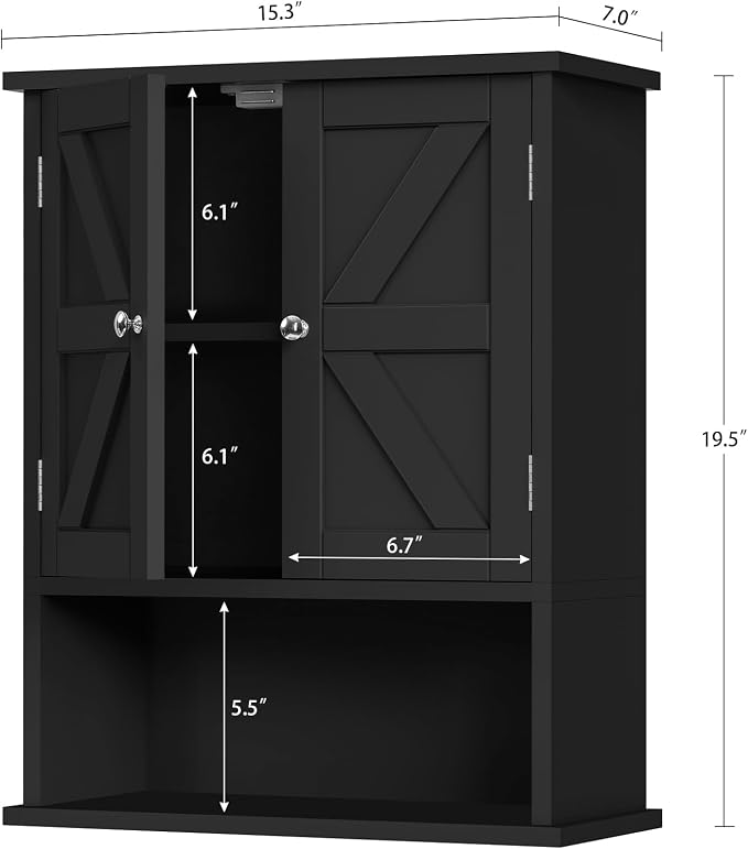 Bathroom Wall Cabinet, Over The Toilet Space Saver Storage Cabinet with Barn Doors & Adjustable Shelf, Hanging Medicine Cabinet, Black UNGGX003HV1