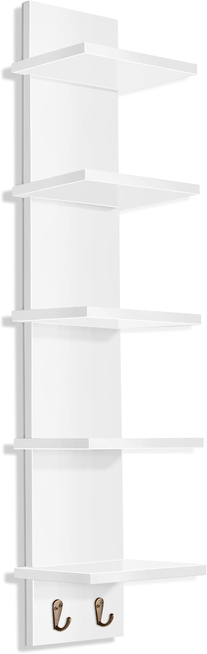 Sorbus 5 Tier Wall Shelf Unit with Hooks, 31 Inch Vertical Column Utility Shelving for Home Decor and Storage Organizer, Wall-Mounted Floating Shelves for Bathroom Storage, Bedroom (White, 1 Pack)