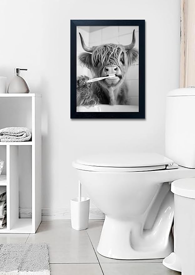 Highland Cow Framed Black and White Wall Art, Funny Cow Pictures in Toilet, Animal Canvas Print for Bathroom Decor