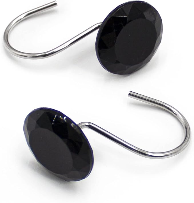 Crystal Diamond Round Shower Curtain Hooks Rings for Bathroom,Black,12PCS | Acrylic Decorative Rhinestones Bling Shower Hooks Rings,for Bathroom Curtains Rod,Gem Metal Rust Proof Shower Hangers