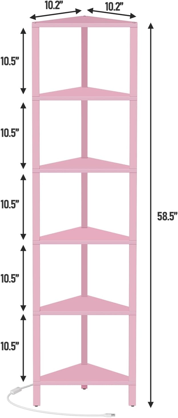 TUTOTAK Corner Shelf with LED Light, 6-Tier Corner Bookshelf | for Small Space, Narrow Display Corner Shelf Stand with Storage Rack, for Living Room, Bedroom, Pink BS05BP006L