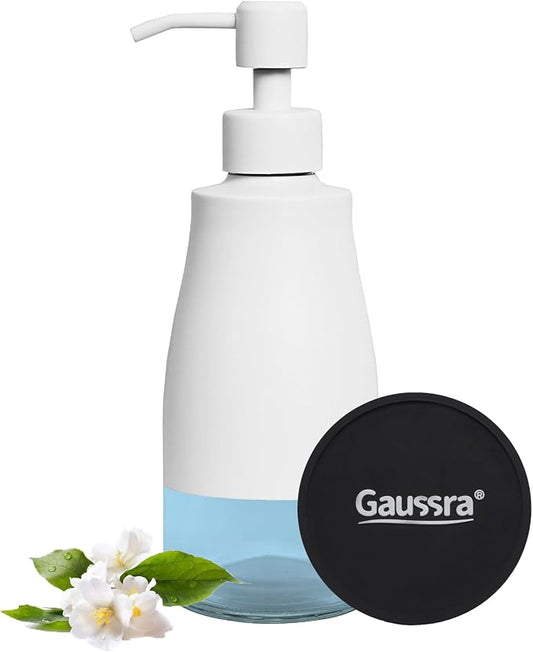 Gaussra White Soap Dispenser with Coaster and Stickers - 11 OZ / 320 ML | Stainless Steel and Glass Bottle Hand Pump Dispenser, Refillable Liquid Hand Soap Dispenser for Bathroom & Kitchen