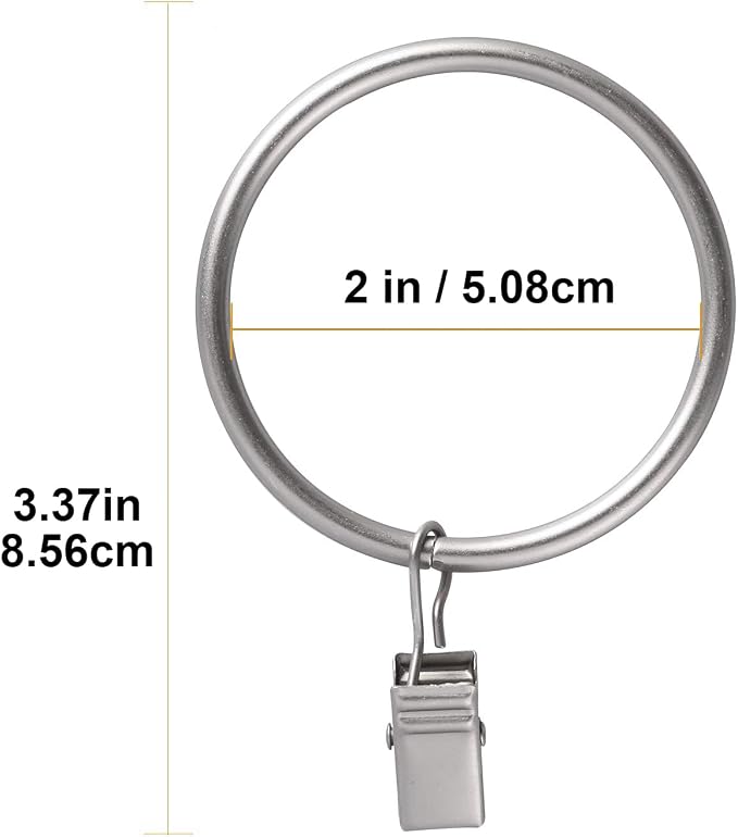 Lansian 20 Pack Curtain Rings with Clips Hooks 2 in Diameter Rustproof | Metal Stainless Steel Drapery Rings for Tension Rod Bracket Eyelets Decorative Hanger, Fits 2 in Rods, Matte Silver