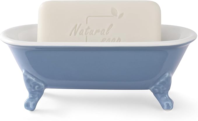 6.5" Ceramic Mini Clawfoot Bathtub Soap Dish, Blue | Decorative, Kitchen Sponge Holder, Shower Tray, 1 Pack