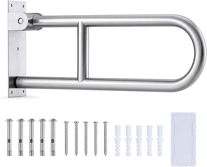 Foldable Toilet Grab Bar - 24 Inch T304 Stainless Steel Rail | Bathroom Flip Up Handle for Wall Mounted Support, Flip Up Design, Space Saving, Easy Installation