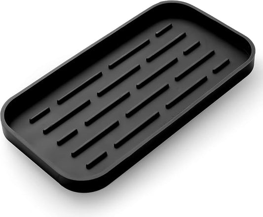 MicoYang Silicone Kitchen Sink Organizer Tray for Multiple Usage,Eco-Friendly Sponges Holder for Kitchen Bathroom Counter or Sink,Dish Soap Dispenser,Scrubber,Bottle,Cup (Black, 10"×5.3")