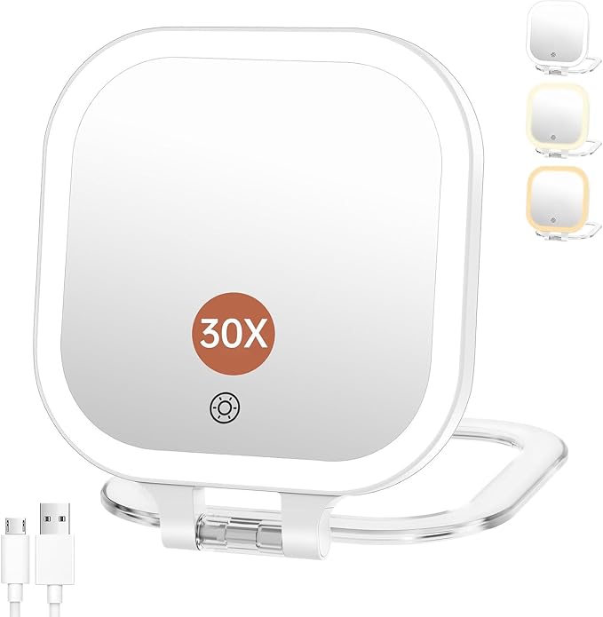 3.5" Rechargeable Travel Makeup Mirror 30X Magnification (White) | Lighted Portable Vanity Mirror with 3 Colors Lighting & Stepless Dimming, Double Sided LED Mirror, Gift for Women