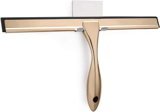 Shower Squeegee with Self Adhesive Hook, 14 Inches Stainless Steel Squeegee Cleaner, All-Purpose Window Scraper for Bathroom Doors, Mirror, Windows and Car Glass, Light Gold