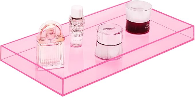 ROYALITA Acrylic Tray for Countertop, Guest Towel Holder Tray for Bathroom | Vanity Trays for Napkin Perfume Jewelry Makeup, Bathroom Tray for Soap Dispenser, Aromatherapy, Cup & Candle, Pink