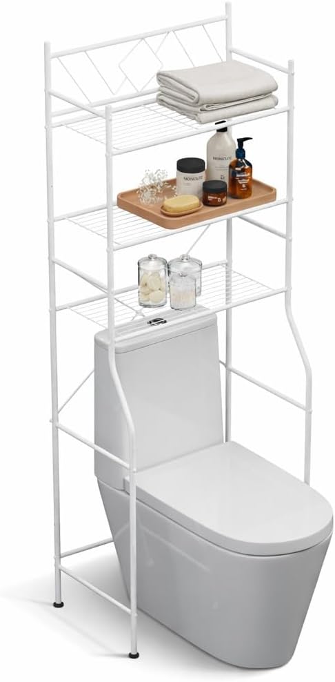 Home Zone Living Over-the-Toilet Bathroom Storage Cabinet Organizer | Freestanding Steel Frame Design with 3-Tier Shelves, Wide Stabilizing Base and Adjustable Feet, White