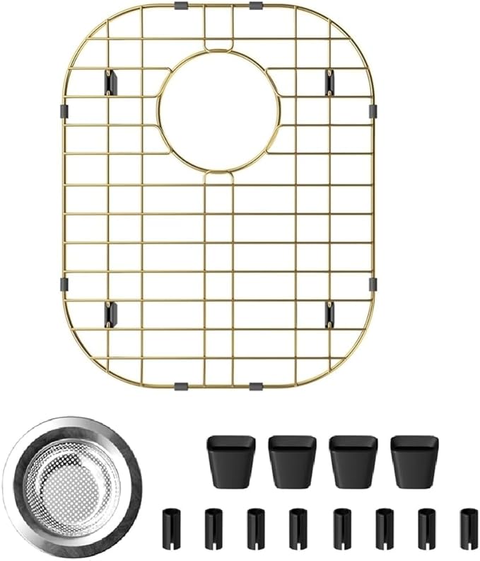 Universal Double Bowl Sink Protection Grid with Rear Drain, Kitchen Sink Bottom Grid with Strainers, 14.57" x 11.22" x 1.25", Gold