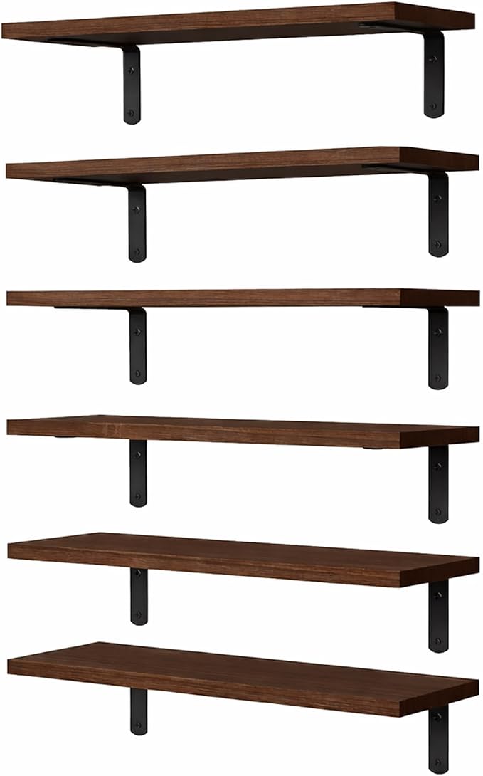 Floating Shelves Set of 6, Wooden Floating Shelves for Wall Decor, Farmhouse Shelf for Bedroom, Wall Mounted Bathroom Storage Shelves, Floating Book Shelves for Living Room