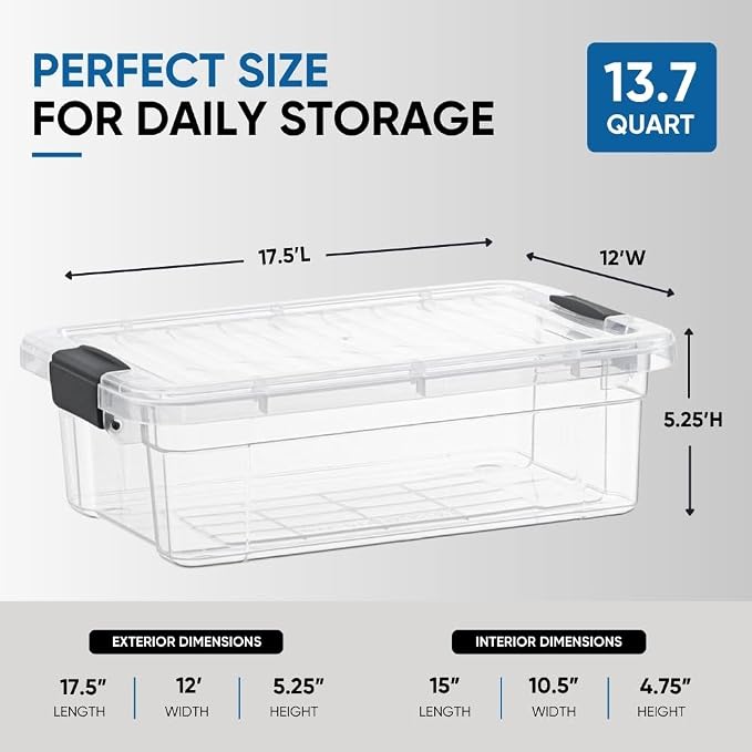 Superio Clear Storage Box with Lid, 13.7 Quart Plastic Container Bins for Organizing, Stackable Crates, BPA Free, Non Toxic, Odor Free, Organizers for Home, Office, School, and Dorm