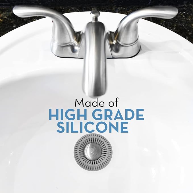 SinkRing Bathroom Sink Drain Protector & Strainer for Pop-Up Stoppers, Gray | Easy snap-in design. Precision clog-free trap prevents loss of earrings, jewelry or contacts. Fits 1.37" - 1.57" stoppers.