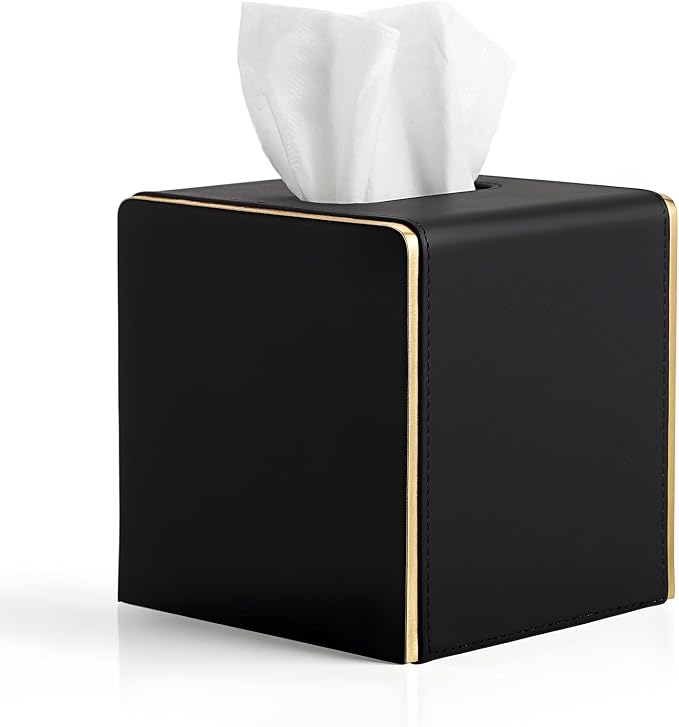 Sumnacon PU Square Tissue Box Cover, Magnetic Bottom, Waterproof, Black | Stylish Cube Tissue Box Holder with Gold Edging Fits Vanity, Toilet Tank, Dresser, Nightstand, Table, Countertop, Office, Car
