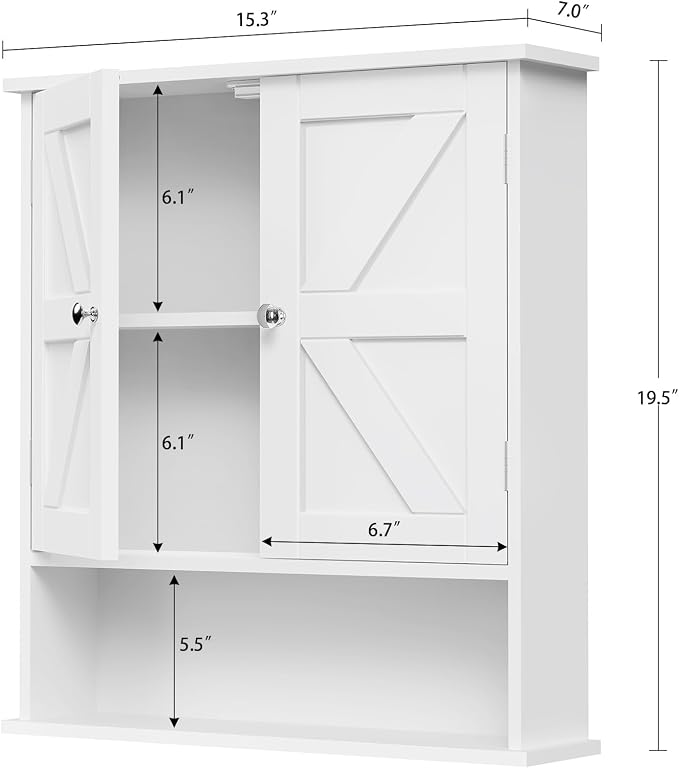 Bathroom Wall Cabinet, Over The Toilet Space Saver Storage with Barn Doors & Adjustable Shelf, Hanging Medicine Cabinet, White 7.1" D x 15.4" W x 19.3" H