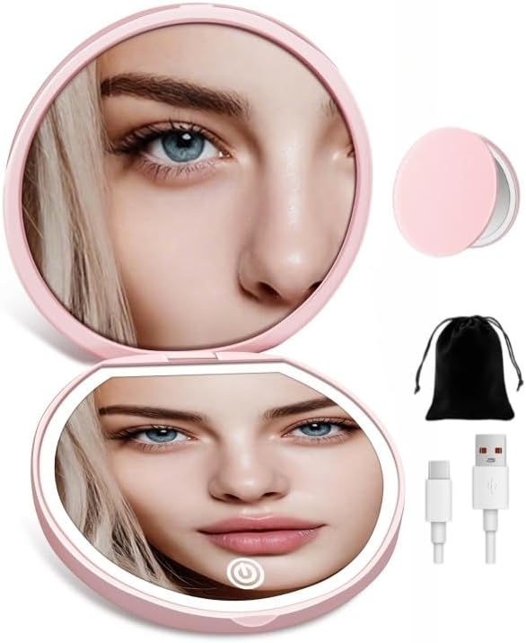 Compact Mirror with Light, Rechargeable 40X Magnifying Mirror with 3 Lighting Modes & Dimmable Brightness, Portable Travel Makeup Mirror; Essentials for Travel, Pocket, Purse Gifts Pink