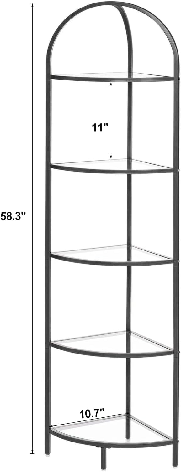 Homhedy 5-Tier Glass Corner Shelf Stand, Metal Corner Bookshelf | Display Shelf, Tempered Glass Shelves, Plant Stand, Storage Rack Shelf for Bedroom, Living Room, Home, Office, Black