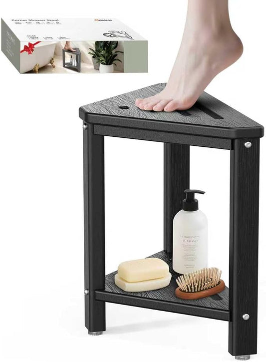 Shower Foot Rest 15in, HDPE Waterproof Shower Stool for Inside Shower, Corner Shower Stool for Shaving Legs with Storage Shelf for Small Space, Shower Step Stool, Plastic Corner Shower Bench, Black