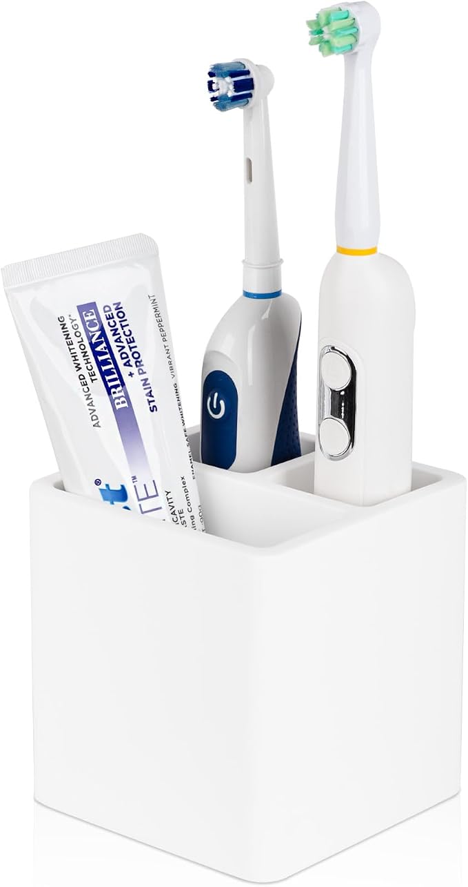 Diatomite Toothbrush Holders Tooth Brush Organizer - White | Water-Absorbent Material, 3 Slots for Electric Toothbrush and Toothpaste, for Bathroom Countertop, Shower, Vanity