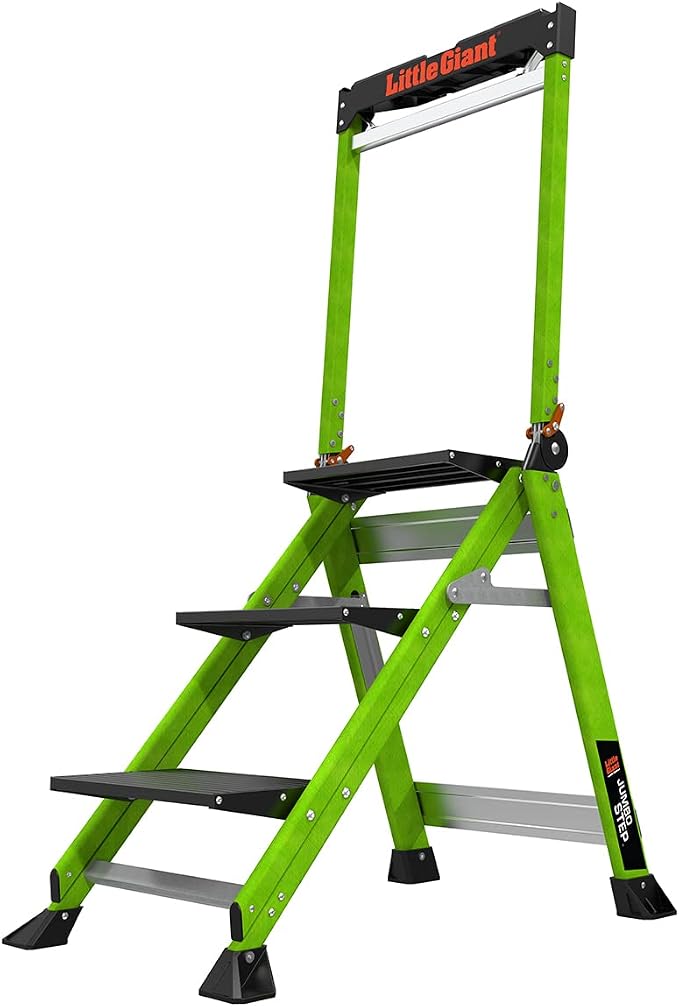 Little Giant Jumbo Step 3-Step Foldable 3 ft Fiberglass Stool, 11933 | Foldable Non-Conductive Fiberglass Step Stool, Extra-Wide Stair-Like Treads, Rotating Handrail, 375 lbs. Weight Capacity