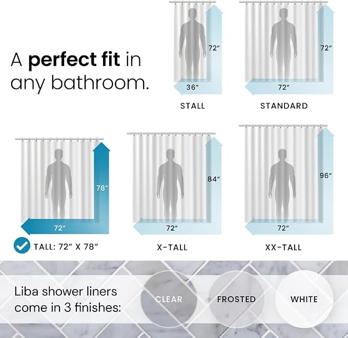 LiBa Shower Curtain PEVA 8G, 72x78 Inch Waterproof Clear | Non-Toxic shower liner, waterproof plastic shower curtain, rust-proof grommets, weighted magnets, bathroom accessories