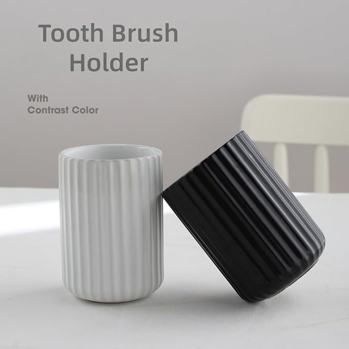 Stoneware Toothbrush Holder for Bathroom Tooth Brush Holder for Bathroom Toothbrush Cup Toothbrush Holders Cute Fluted Vertical Ribbed Stripe (Matte Black)