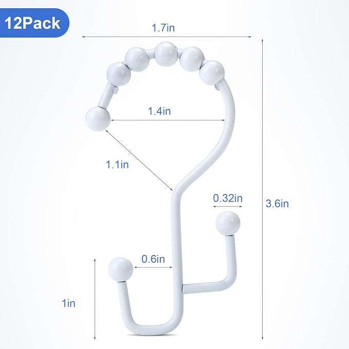 Shower Curtain Rings, SUTINE Double Shower Curtain Hooks, Rust-Resistant Metal Shower Curtain Rings, Free Sliding Stainless Steel Shower Hooks for Shower Curtains & Liners, 12pcs-White