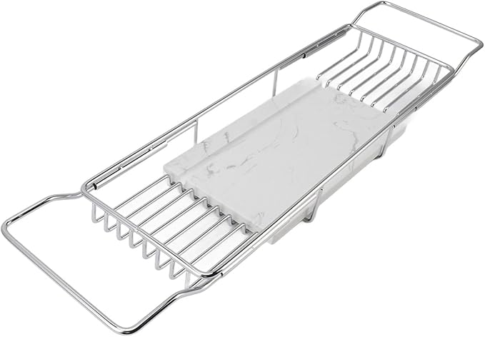 Metal Marble Bathtub Rack, Bathtub Caddy Tray Stainless Steel Shower Caddy Tray with Extending Sides, Bathroom Trays (Silver White)